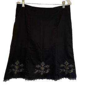 R&W Black Cotton Embroidery Flowered Mid length Skirt with Lace Hem. Size 8